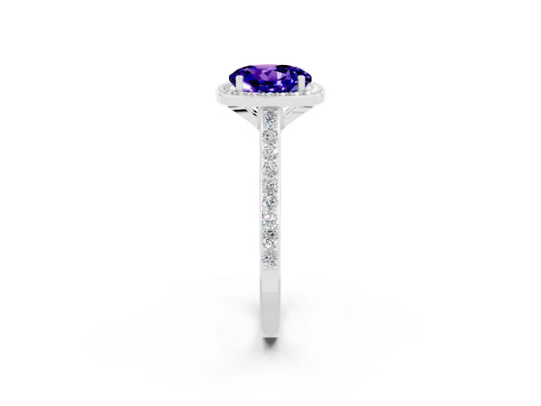Silver Round Cut Tanzanite Halo Engagement Ring with Round Pavé Shoulders and Prong Setting