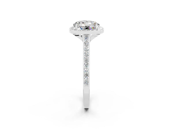 Platinum Round Cut Moissanite Halo Engagement Ring with Round Pavé Shoulders and Prong Setting
