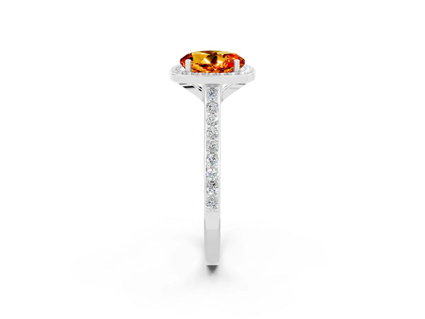 Silver Round Cut Citrine Halo Engagement Ring with Round Pavé Shoulders and Prong Setting