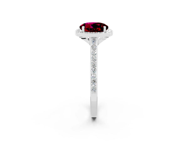 Silver Round Cut Garnet Halo Engagement Ring with Round Pavé Shoulders and Prong Setting