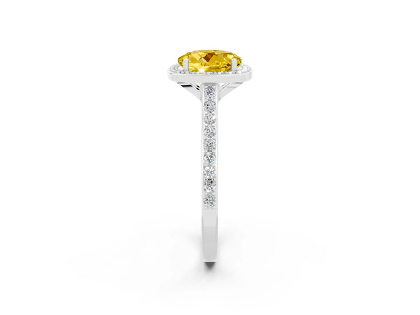 Silver Round Cut Yellow Sapphire Halo Engagement Ring with Round Pavé Shoulders and Prong Setting