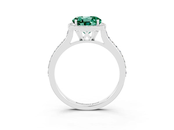 Silver Round Cut Green Sapphire Halo Engagement Ring with Round Pavé Shoulders and Prong Setting