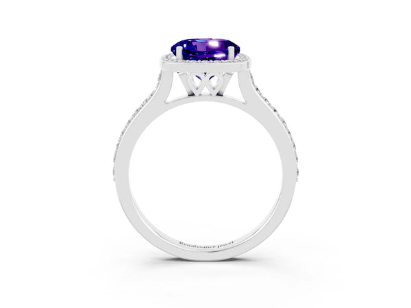 White gold Round Cut Tanzanite Halo Engagement Ring with Round Pavé Shoulders and Prong Setting