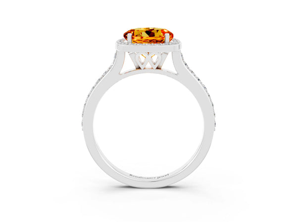 White gold Round Cut Citrine Halo Engagement Ring with Round Pavé Shoulders and Prong Setting