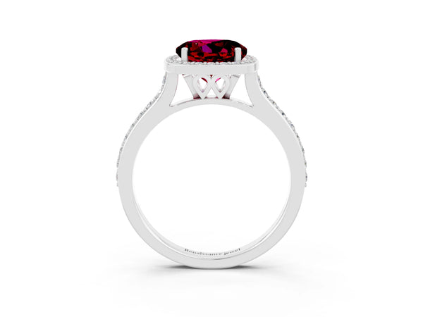 White gold Round Cut Garnet Halo Engagement Ring with Round Pavé Shoulders and Prong Setting