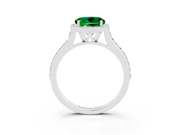 Silver Round Cut Emerald Halo Engagement Ring with Round Pavé Shoulders and Prong Setting