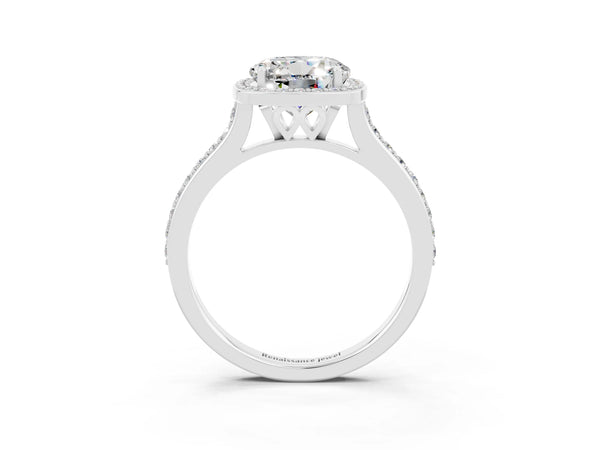 White gold Round Cut Moissanite Halo Engagement Ring with Round Pavé Shoulders and Prong Setting