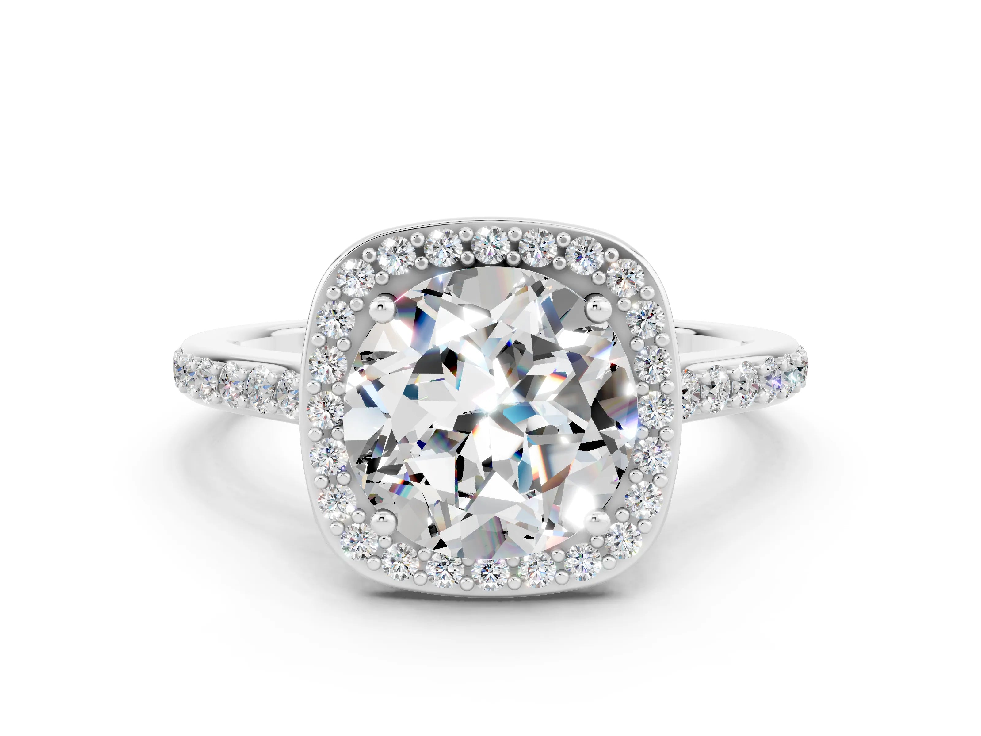 White gold Round Cut Halo Round Diamond Pavé Band with Four-Prong Setting