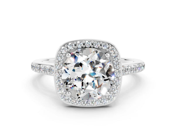 Platinum Round Cut Moissanite Halo Engagement Ring with Round Pavé Shoulders and Prong Setting
