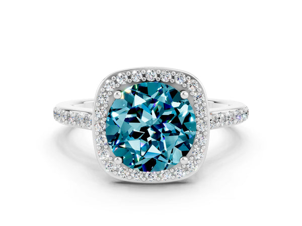 Silver Round Cut Halo Round Diamond Pavé Band with Four-Prong Setting