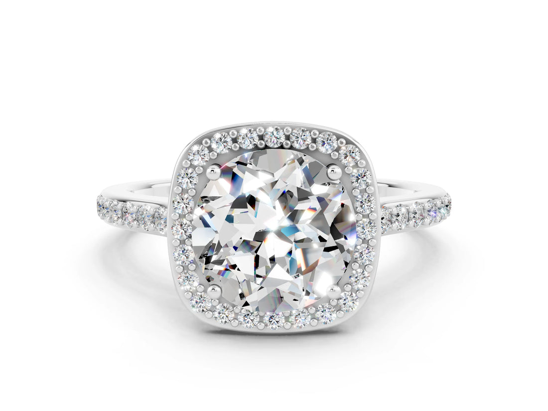 White gold Round Cut Halo Round Diamond Pavé Band with Four-Prong Setting