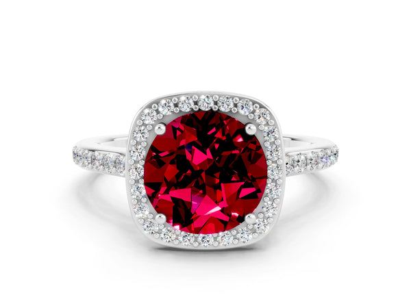 White gold Round Cut Garnet Halo Engagement Ring with Round Pavé Shoulders and Prong Setting