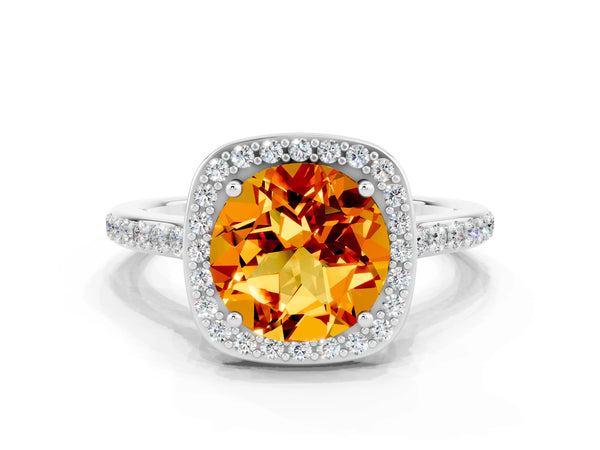 Silver Round Cut Citrine Halo Engagement Ring with Round Pavé Shoulders and Prong Setting