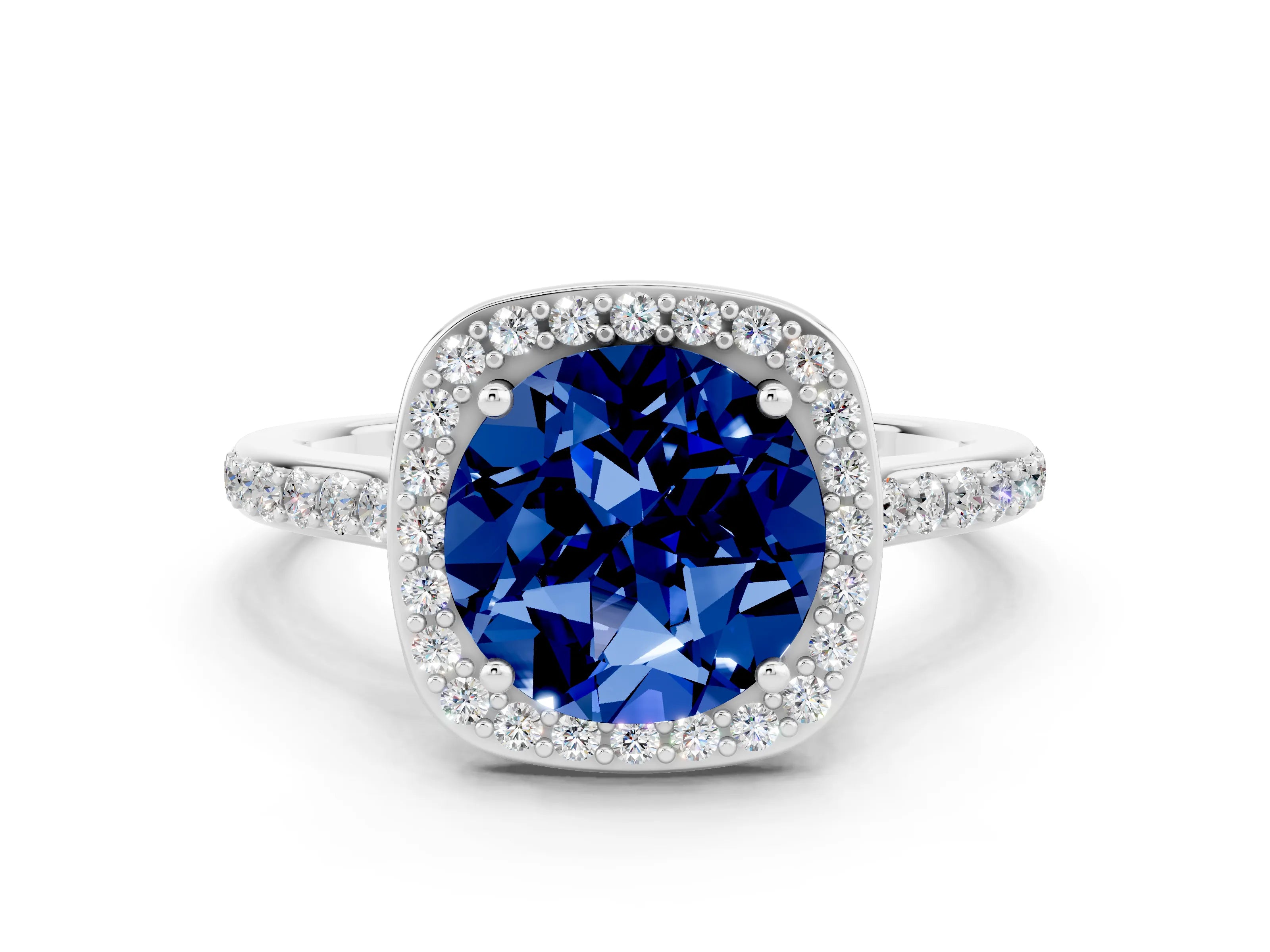 White gold Round Cut Halo Round Diamond Pavé Band with Four-Prong Setting