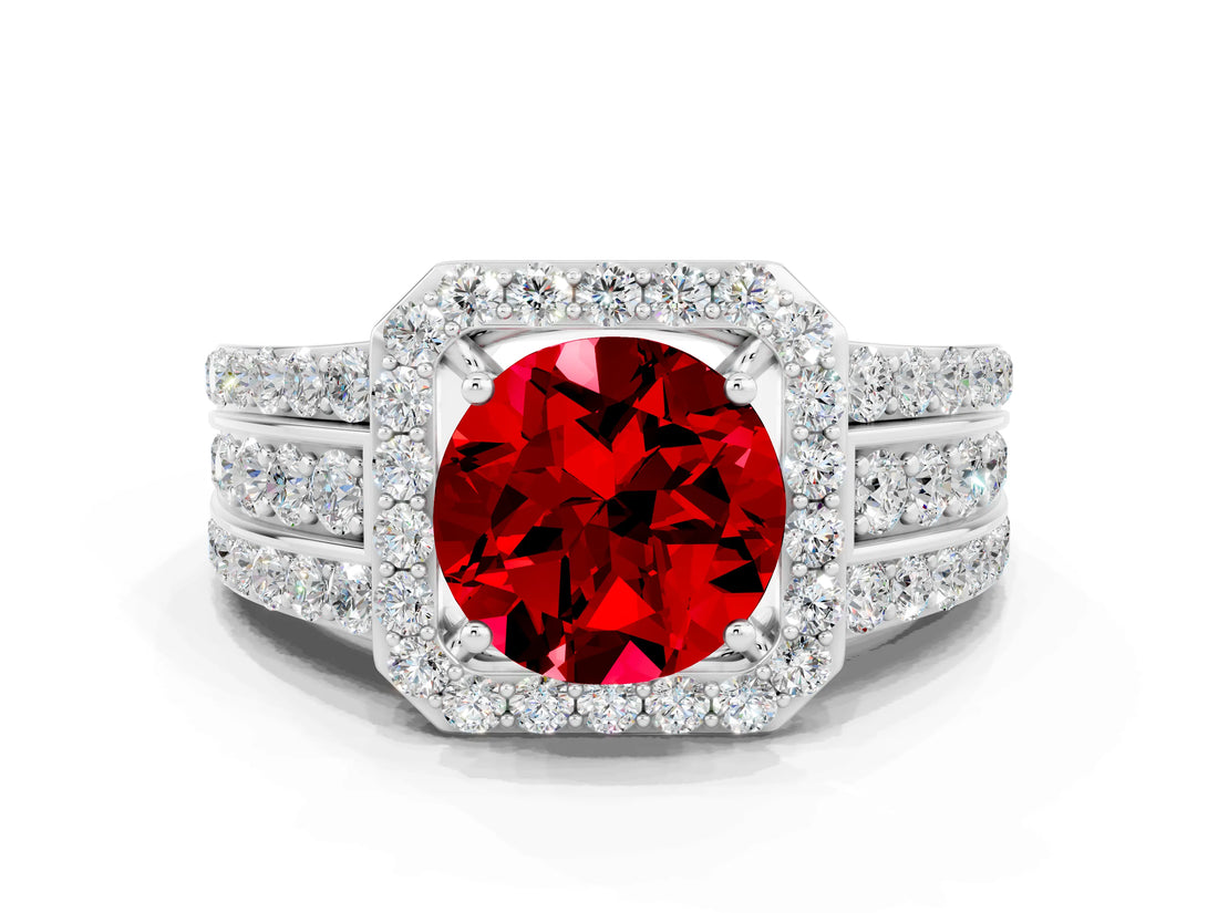 White gold Round Cut Halo Ruby Ring with Round  Split Shank and Prong Setting_12
