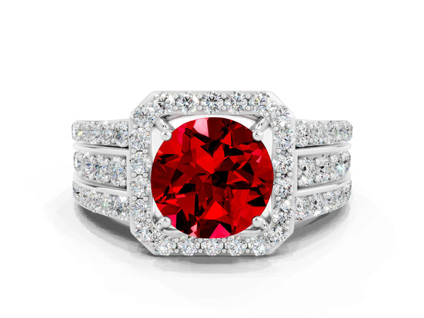 White gold Round Cut Halo Ruby Ring with Round  Split Shank and Prong Setting