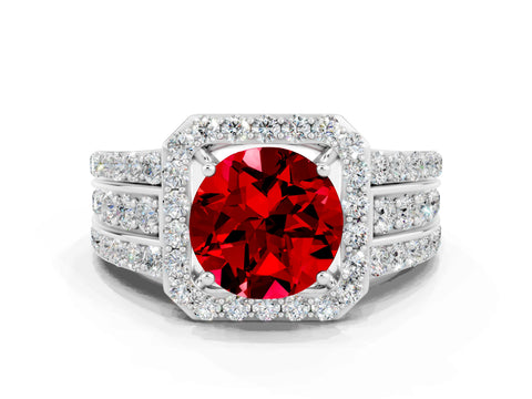 White gold Round Cut Halo Ruby Ring with Round  Split Shank and Prong Setting_12