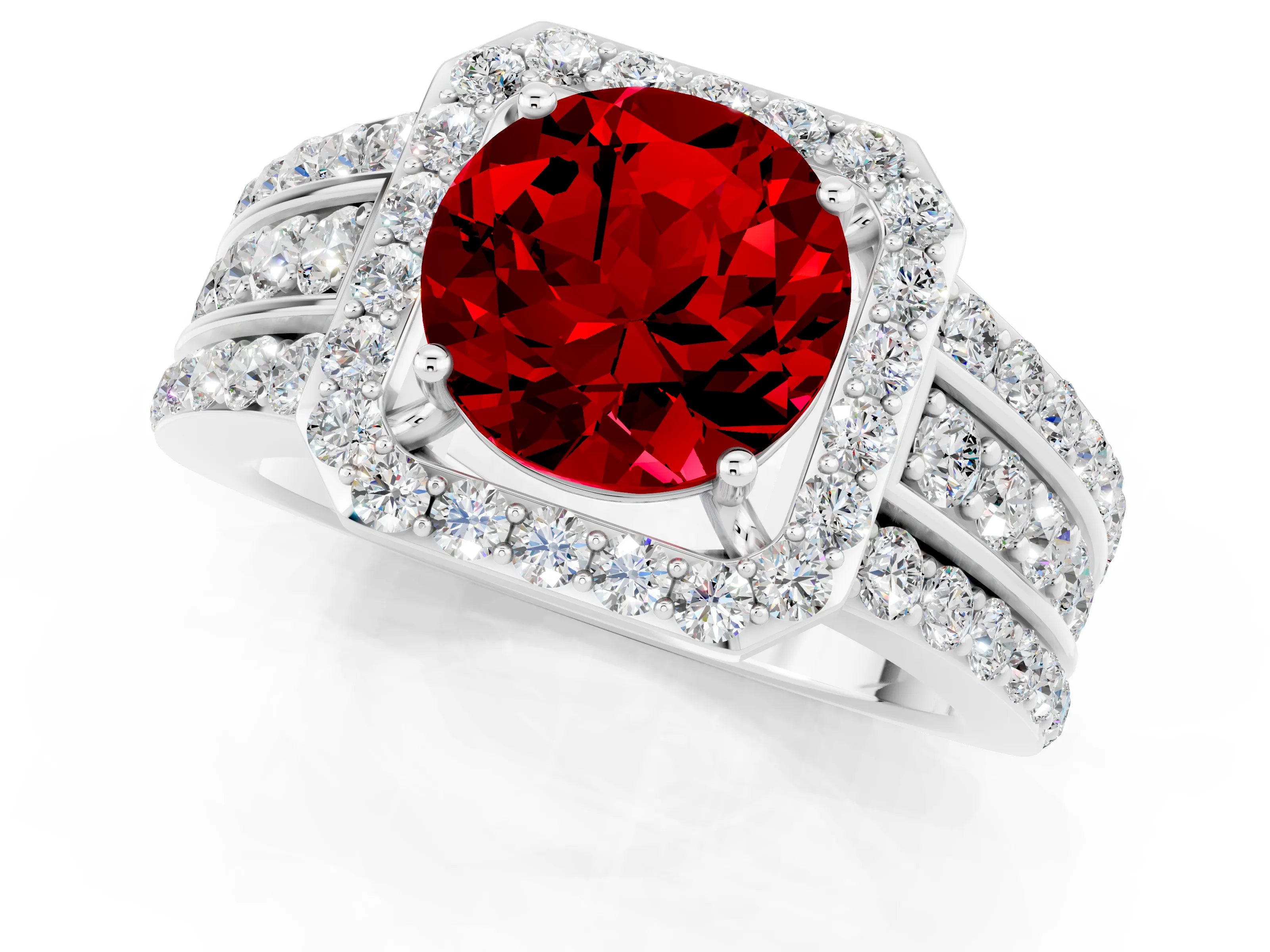 White gold Round Cut Halo Ruby Ring with Round  Split Shank and Prong Setting_13
