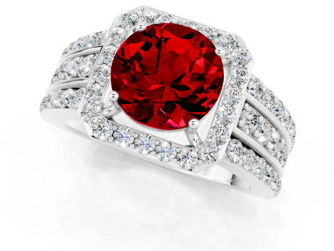 White gold Round Cut Halo Ruby Ring with Round  Split Shank and Prong Setting_13