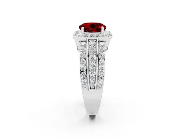 Silver Round Cut Halo Ruby Ring with Round  Split Shank and Prong Setting