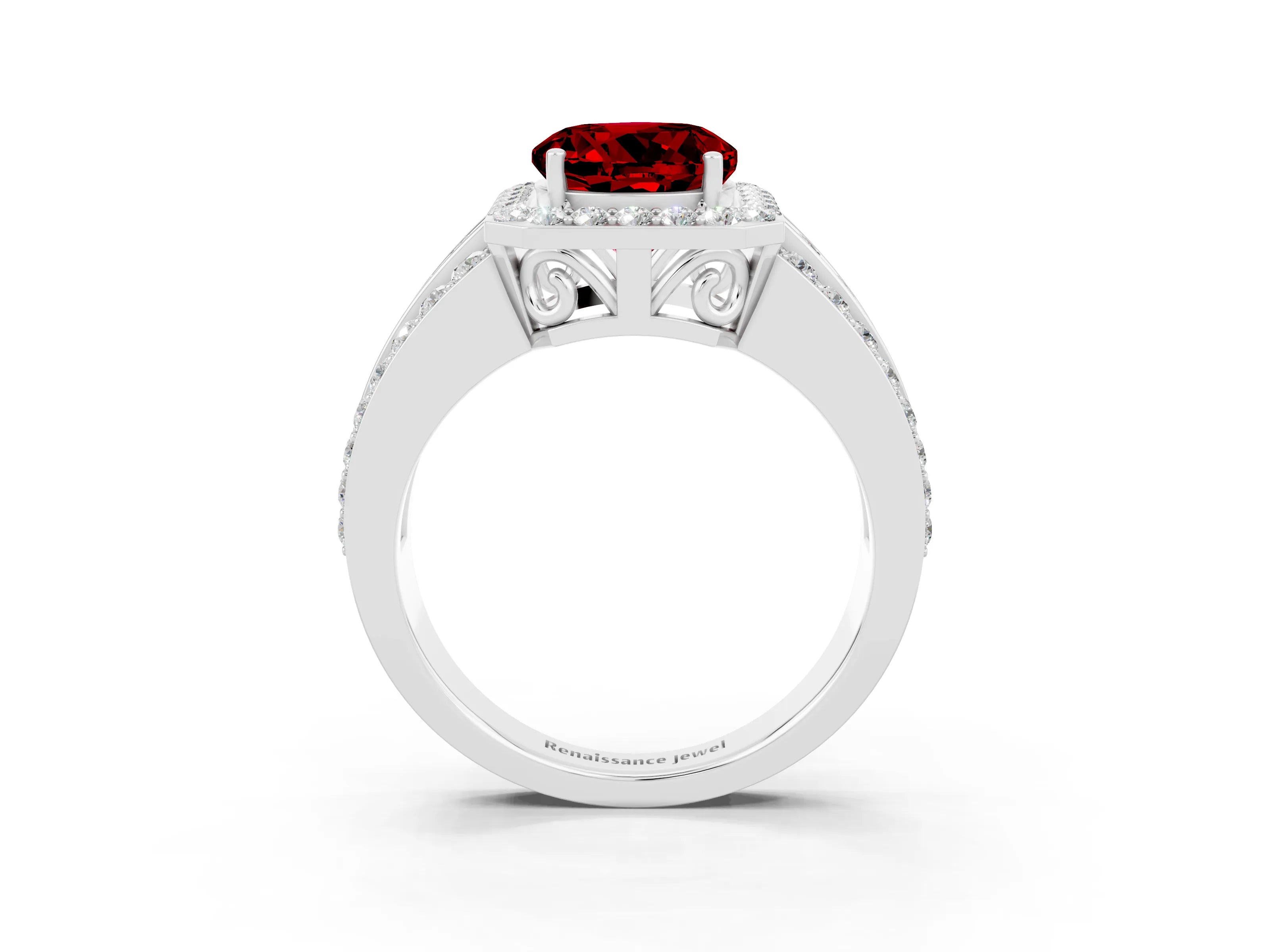 White gold Round Cut Halo Ruby Ring with Round  Split Shank and Prong Setting_15