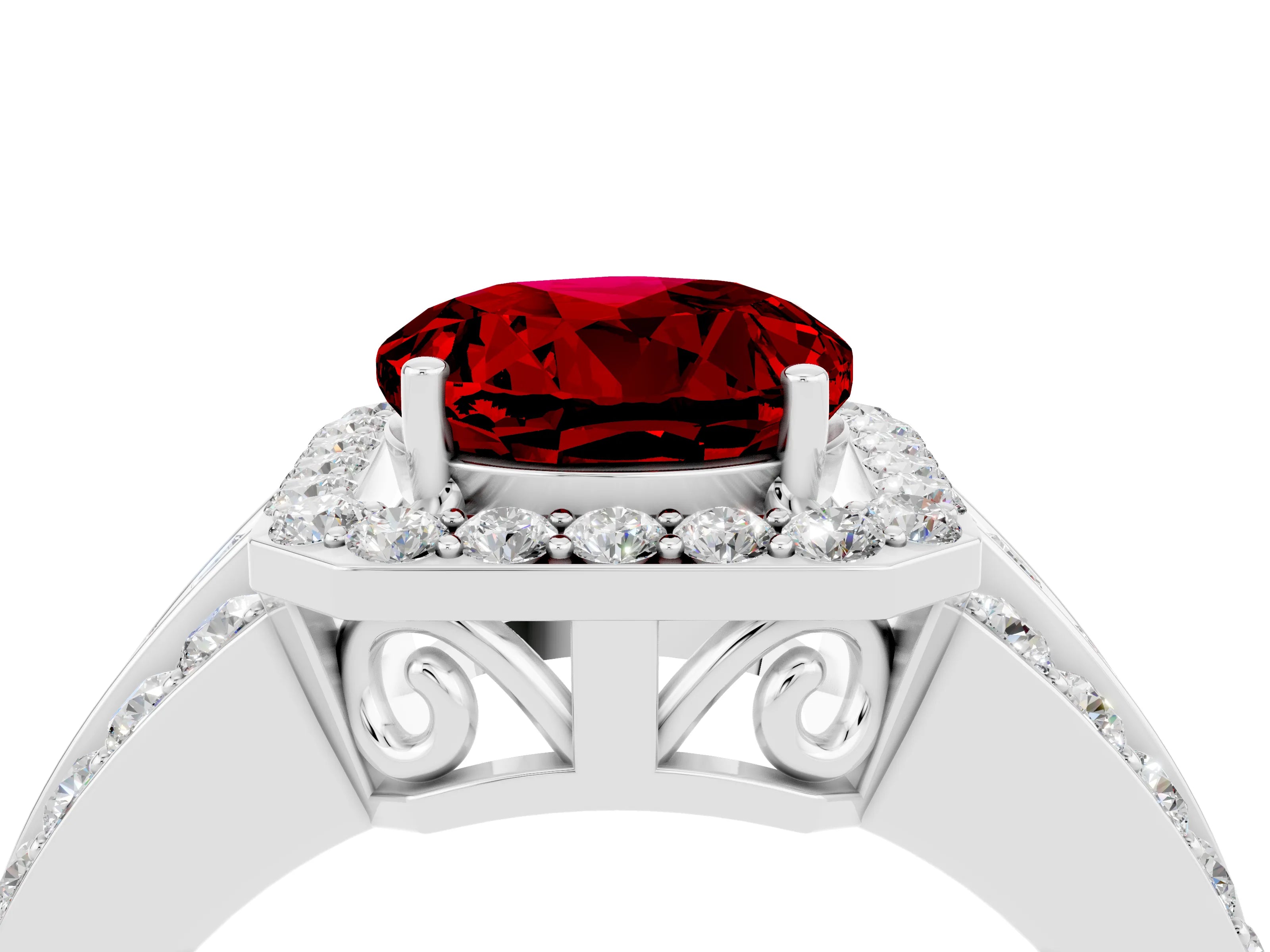 White gold Round Cut Halo Ruby Ring with Round  Split Shank and Prong Setting_16