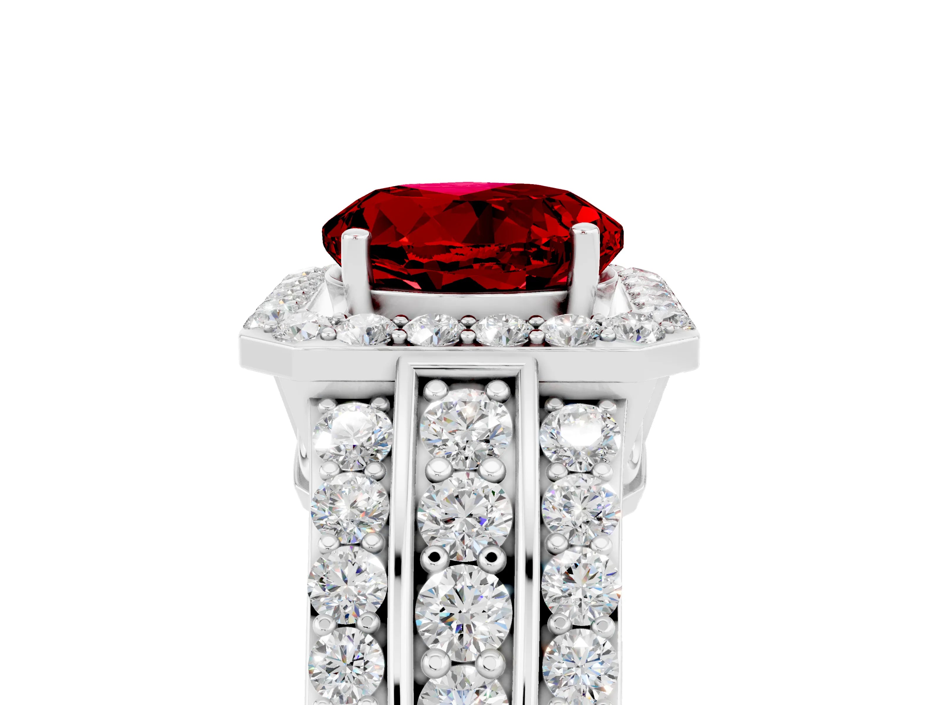White gold Round Cut Halo Ruby Ring with Round  Split Shank and Prong Setting_17