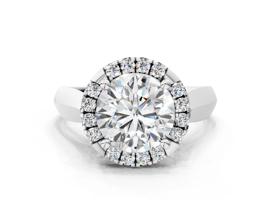 White gold Round Cut Halo Solitaire Engagement Ring with Square Band and Four-Prong Setting_90
