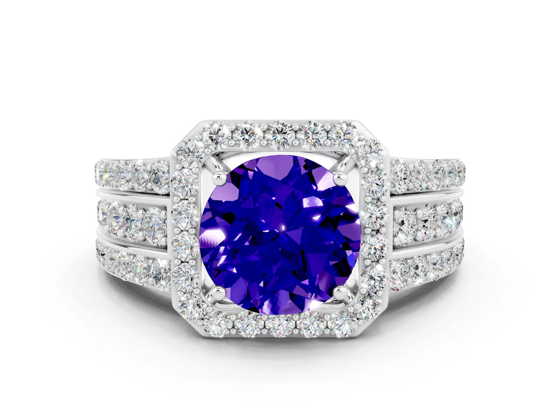 White gold Round Cut Halo Tanzanite Ring with Split Shank and Four-Prong Setting