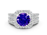 White gold Round Cut Halo Tanzanite Ring with Split Shank and Four-Prong Setting