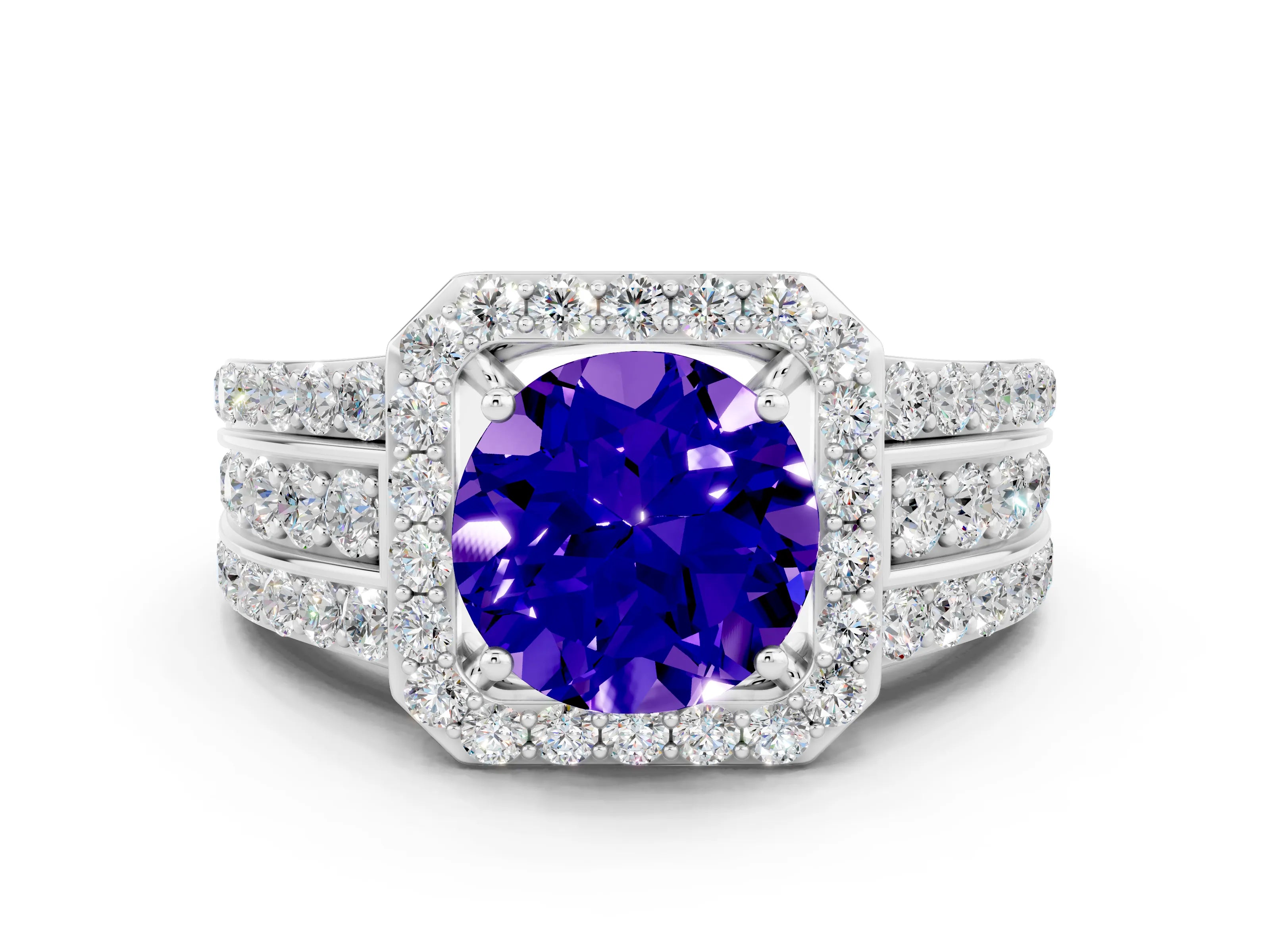 White gold Round Cut Halo Tanzanite Ring with Split Shank and Four-Prong Setting