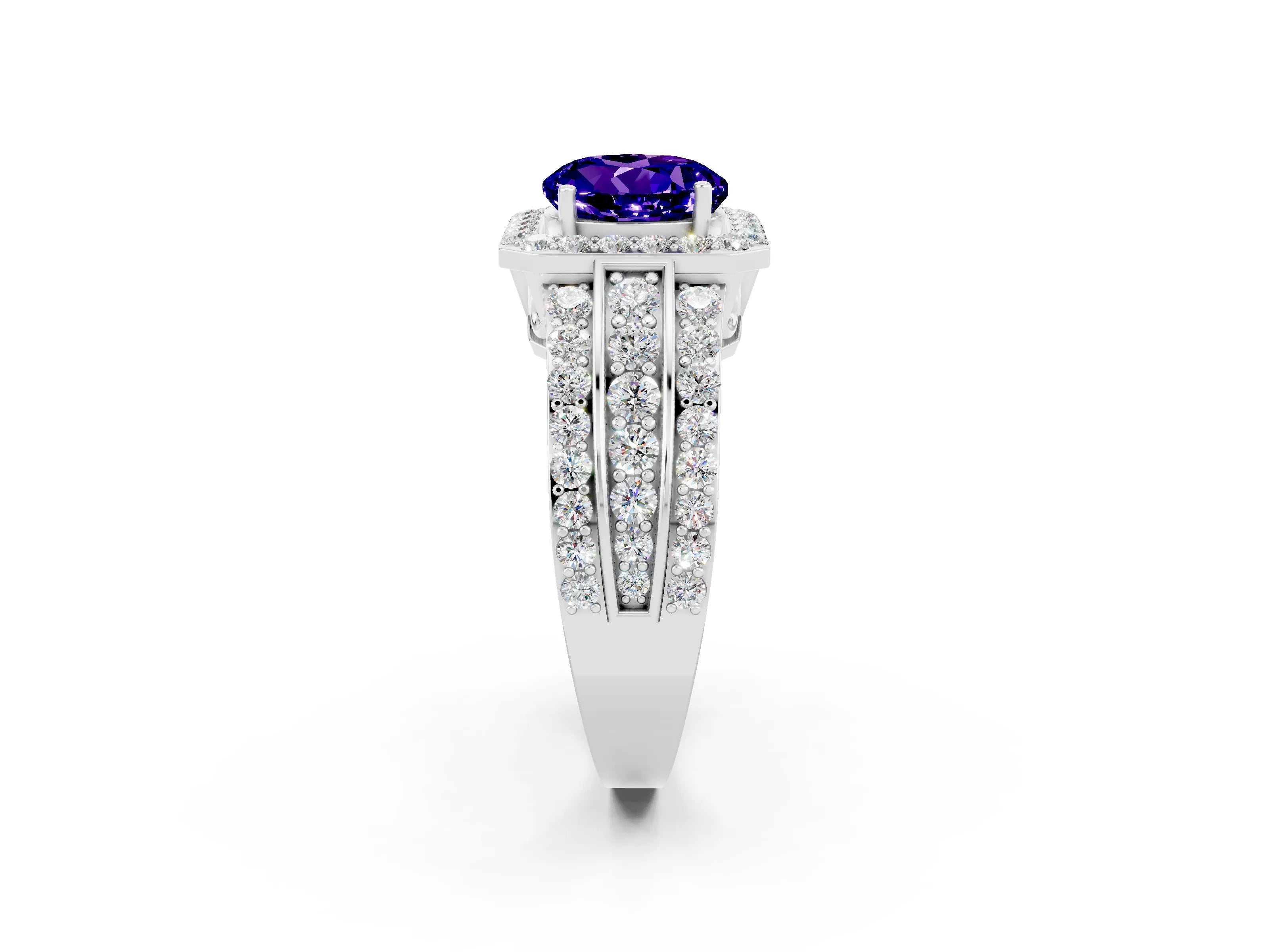 White gold Round Cut Halo Tanzanite Ring with Split Shank and Four-Prong Setting_2