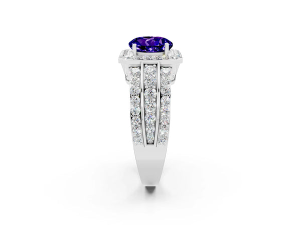 White gold Round Cut Halo Tanzanite Ring with Round  Split Shank and Prong Setting