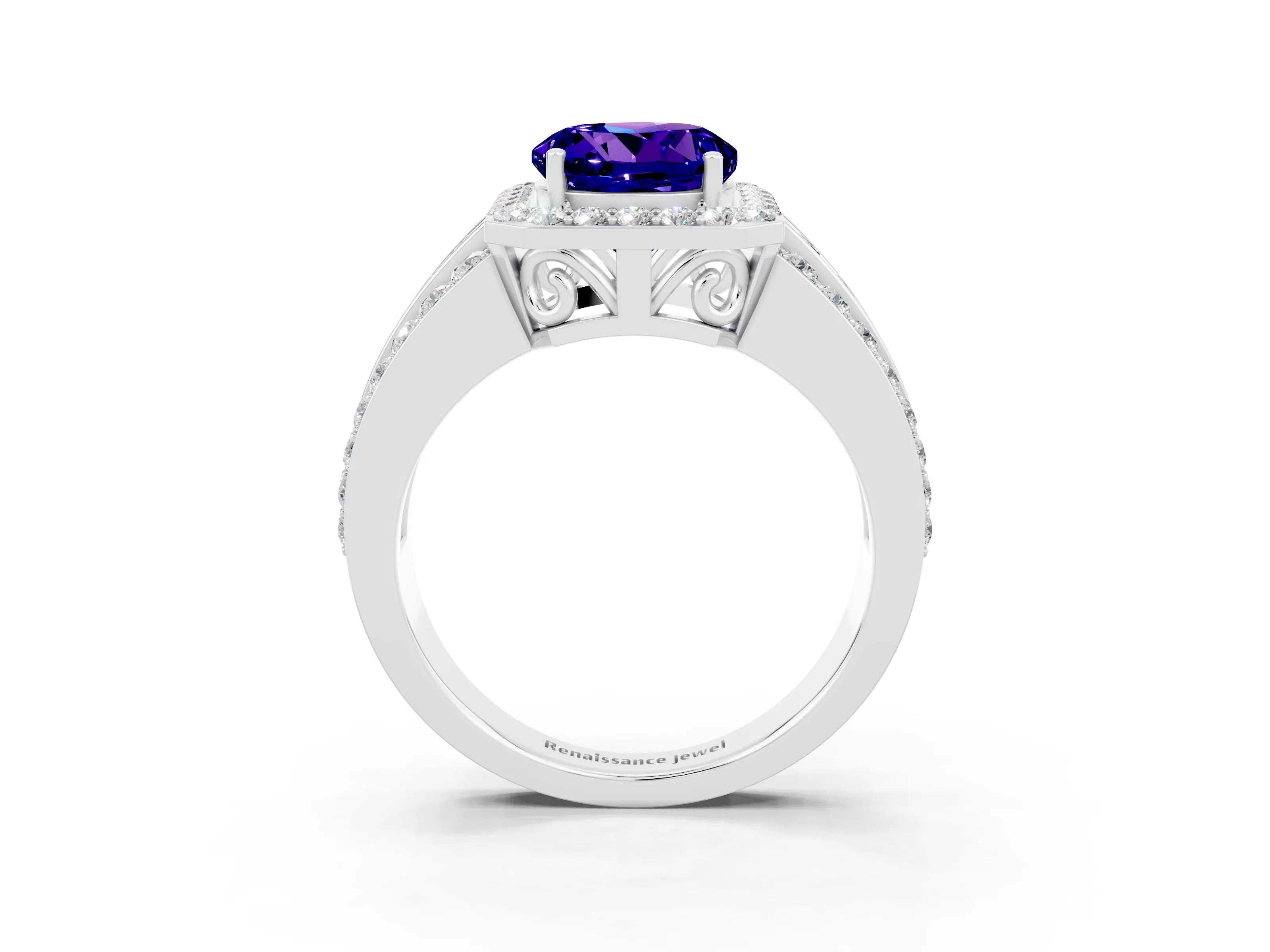 White gold Round Cut Halo Tanzanite Ring with Split Shank and Four-Prong Setting_3