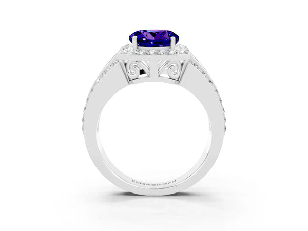 Silver Round Cut Halo Tanzanite Ring with Round  Split Shank and Prong Setting