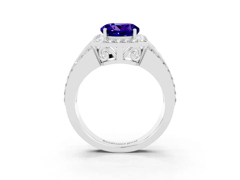 White gold Round Cut Halo Tanzanite Ring with Split Shank and Four-Prong Setting_3