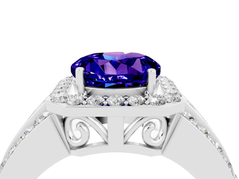 White gold Round Cut Halo Tanzanite Ring with Split Shank and Four-Prong Setting_4