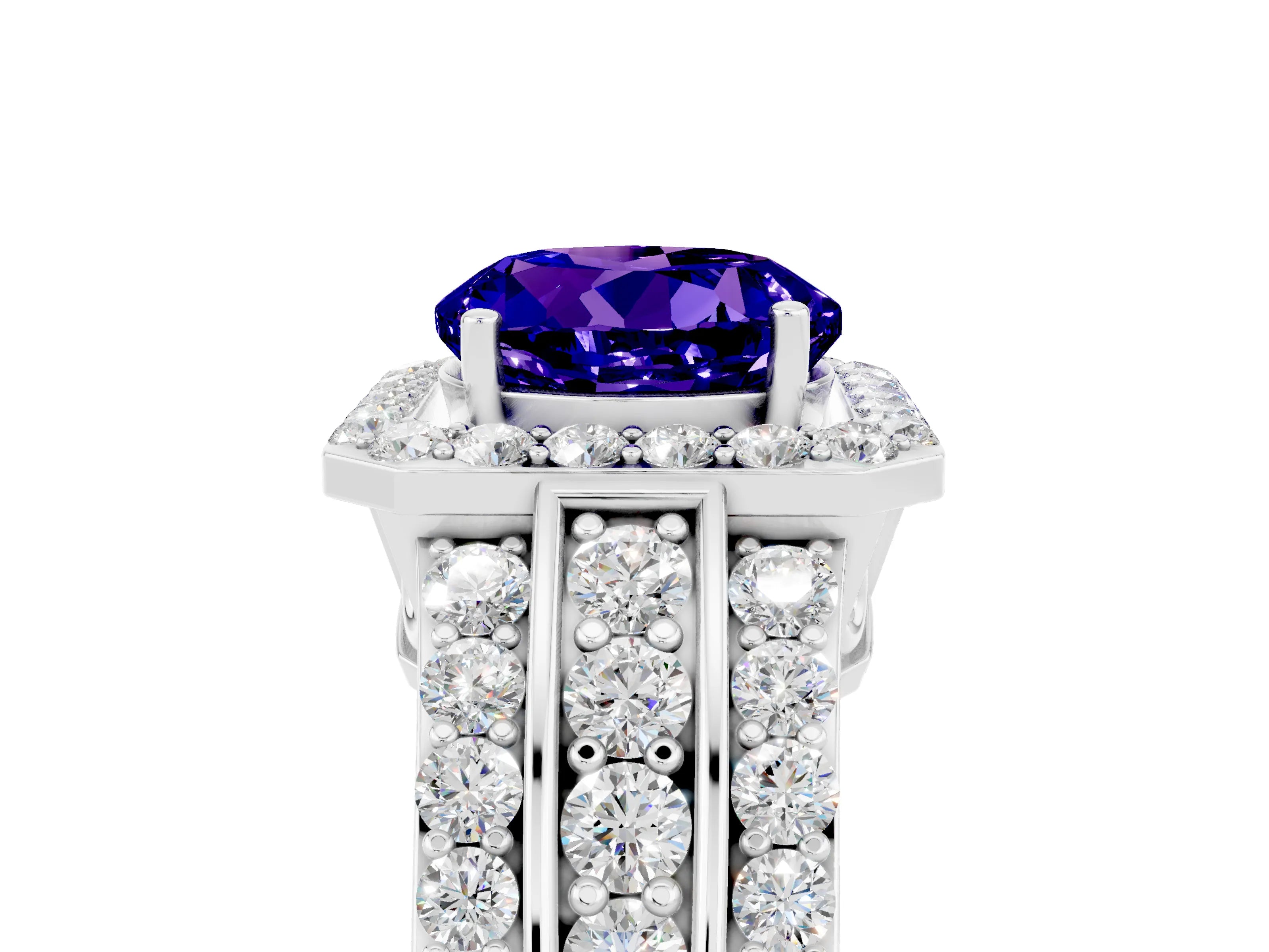 White gold Round Cut Halo Tanzanite Ring with Split Shank and Four-Prong Setting_5