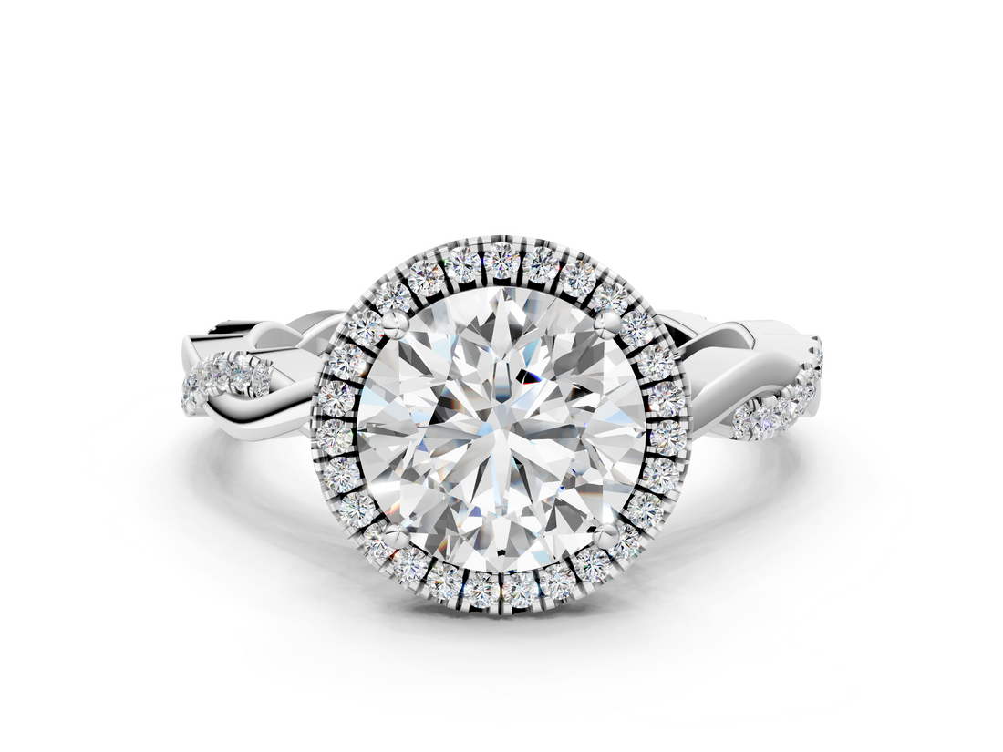 White gold Round Cut Halo Twisted Band Four-Prong Ring_79
