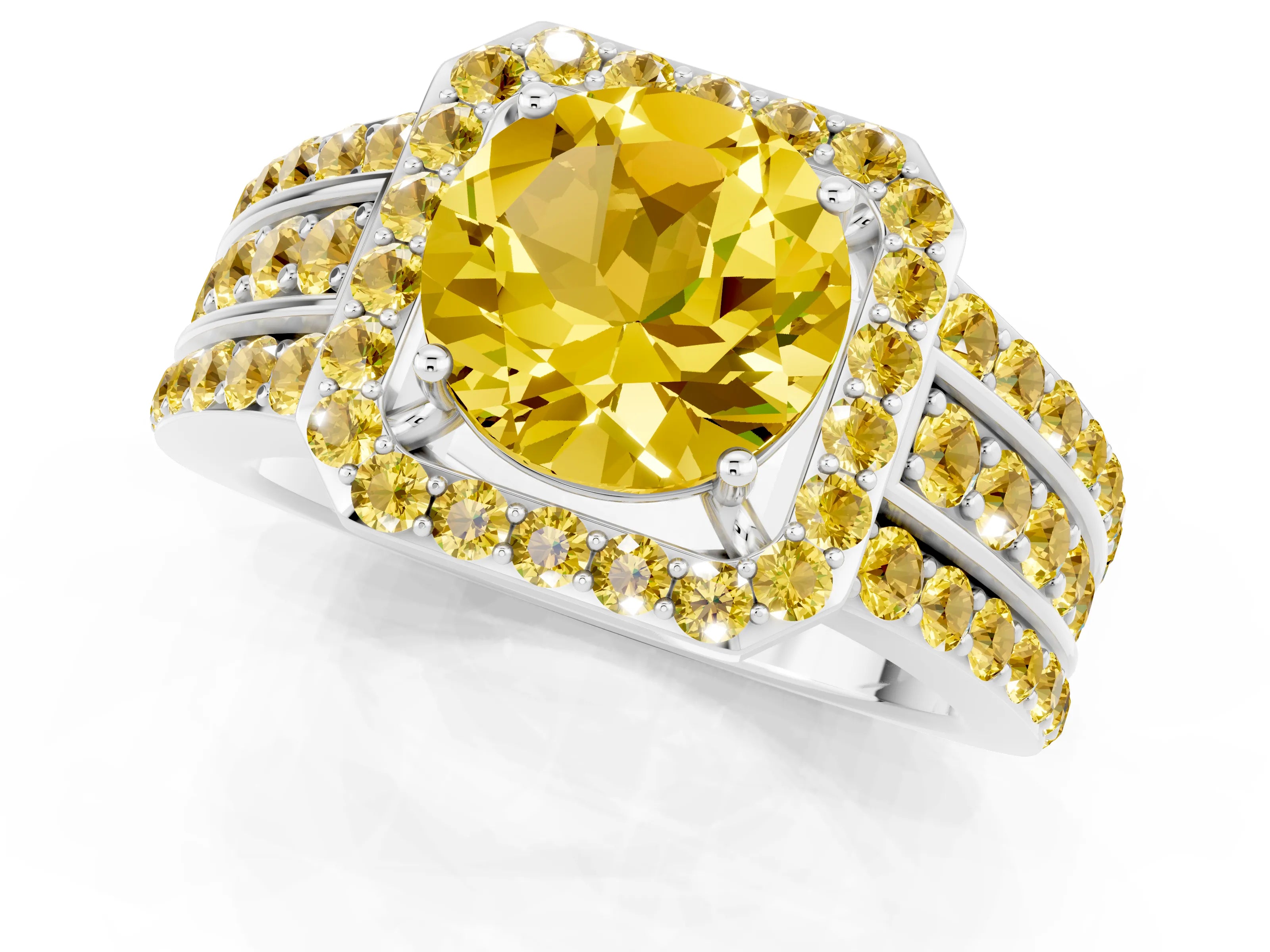 White gold Round Cut Halo Yellow Sapphire Ring with Split Shank and Four-Prong Setting_1