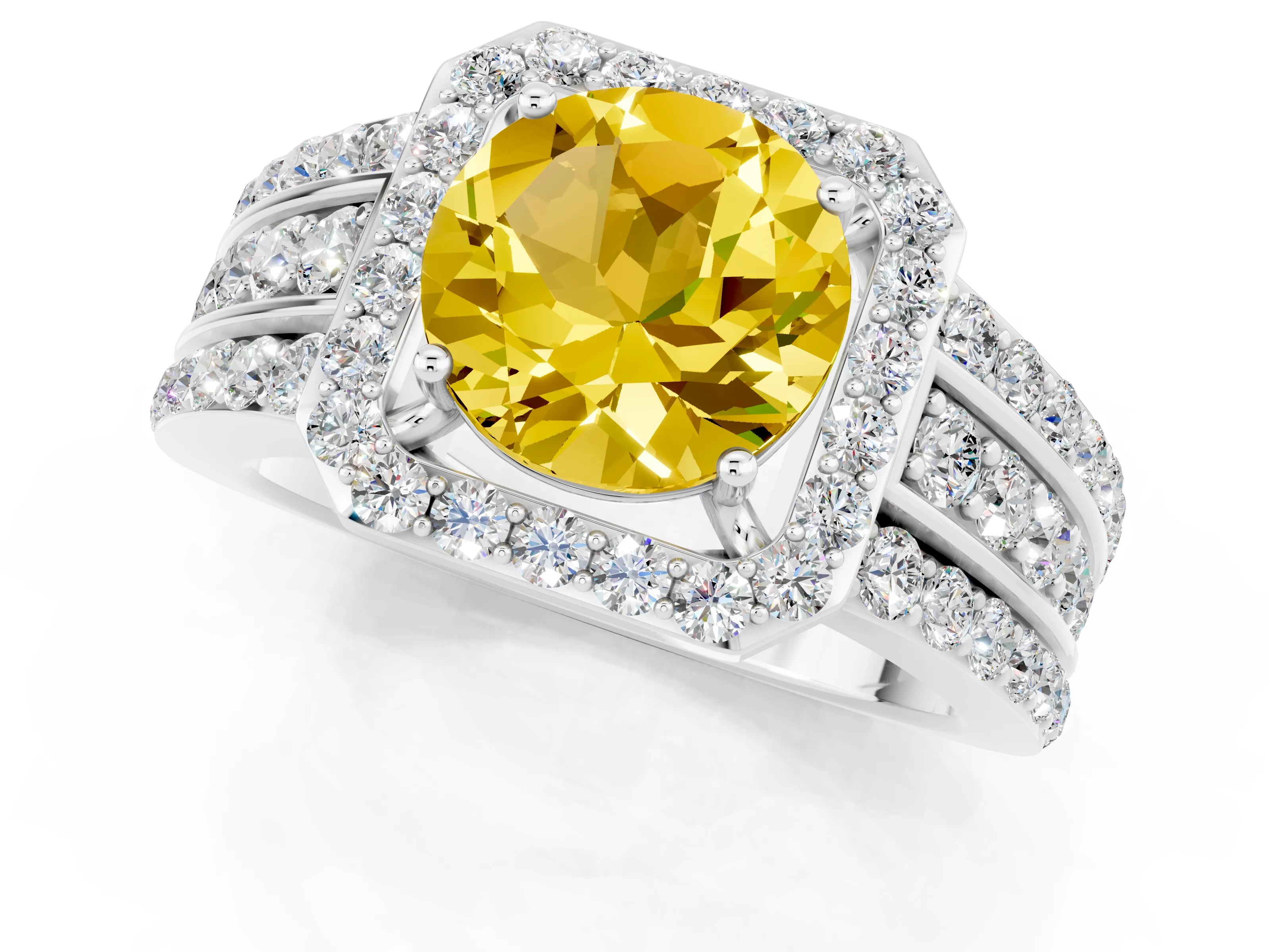White gold Round Cut Halo Yellow Sapphire Ring with Split Shank and Four-Prong Setting_25