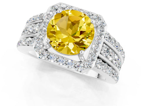 White gold Round Cut Halo Yellow Sapphire Ring with Split Shank and Four-Prong Setting_25