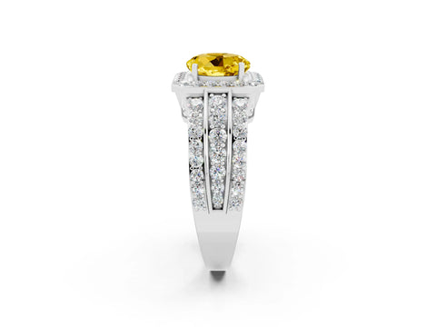 White gold Round Cut Halo Yellow Sapphire Ring with Split Shank and Four-Prong Setting_26