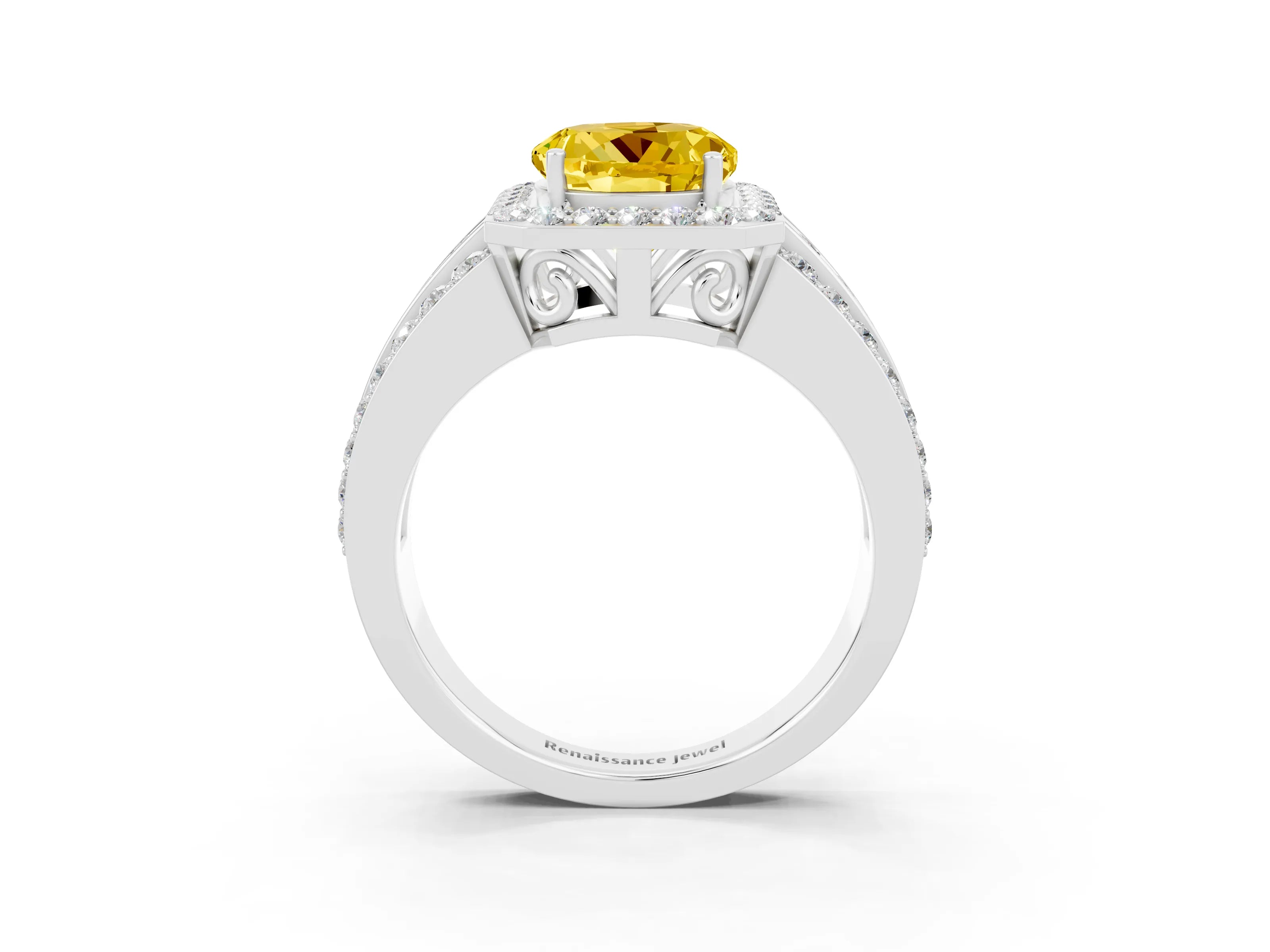 White gold Round Cut Halo Yellow Sapphire Ring with Split Shank and Four-Prong Setting_27