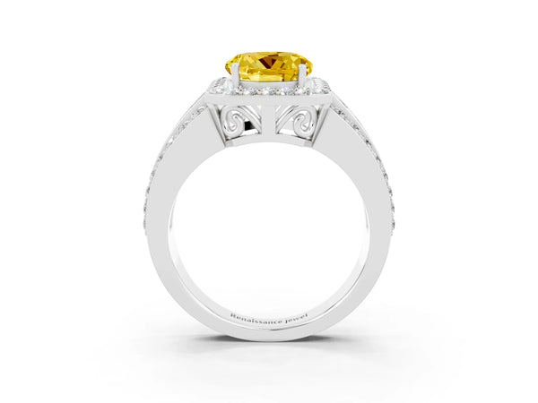 Platinum Round Cut Halo Yellow Sapphire Ring with Round  Split Shank and Prong Setting