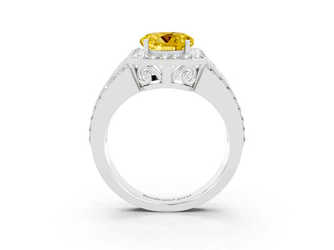 White gold Round Cut Halo Yellow Sapphire Ring with Split Shank and Four-Prong Setting_27
