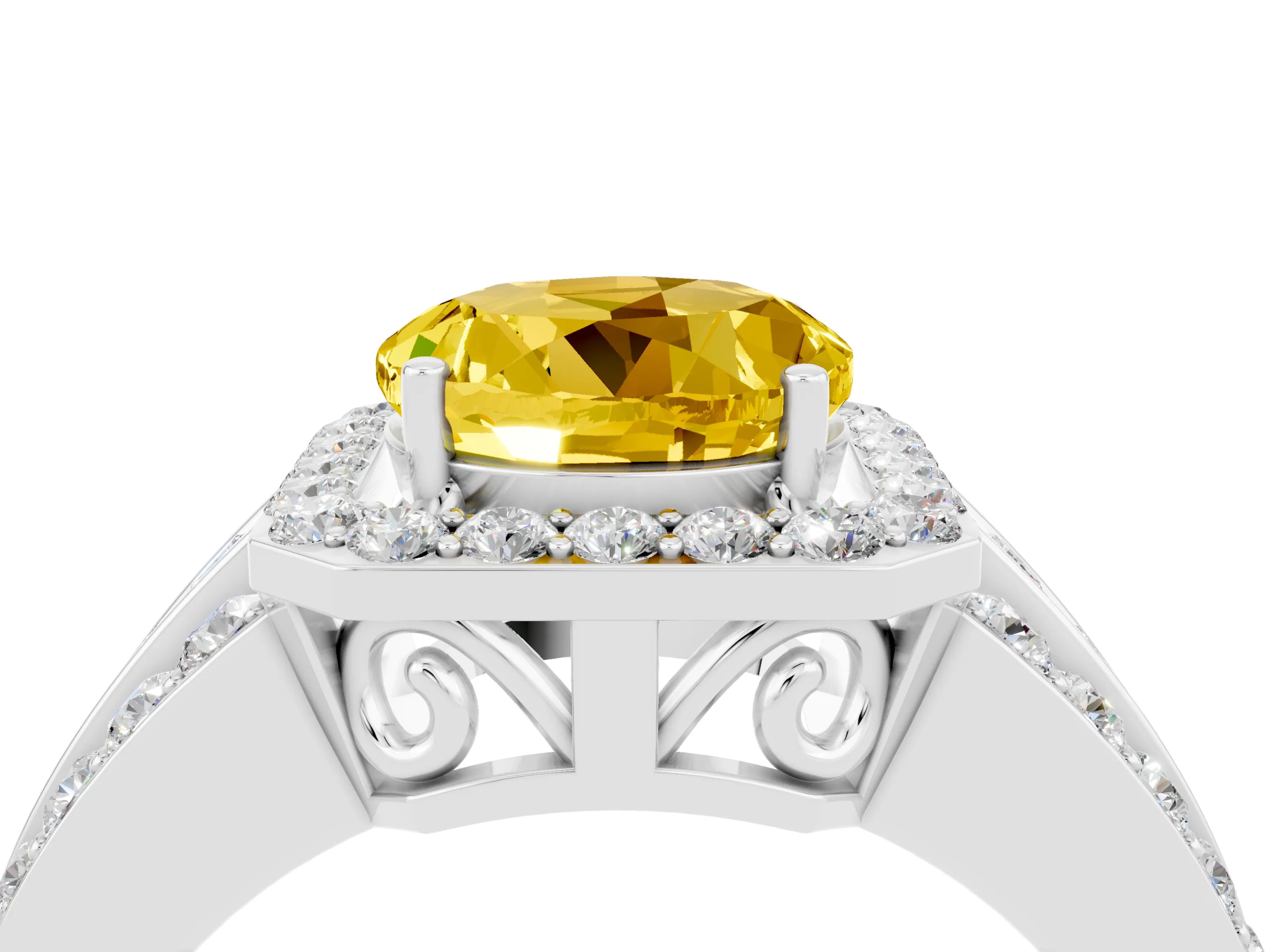 White gold Round Cut Halo Yellow Sapphire Ring with Split Shank and Four-Prong Setting_28