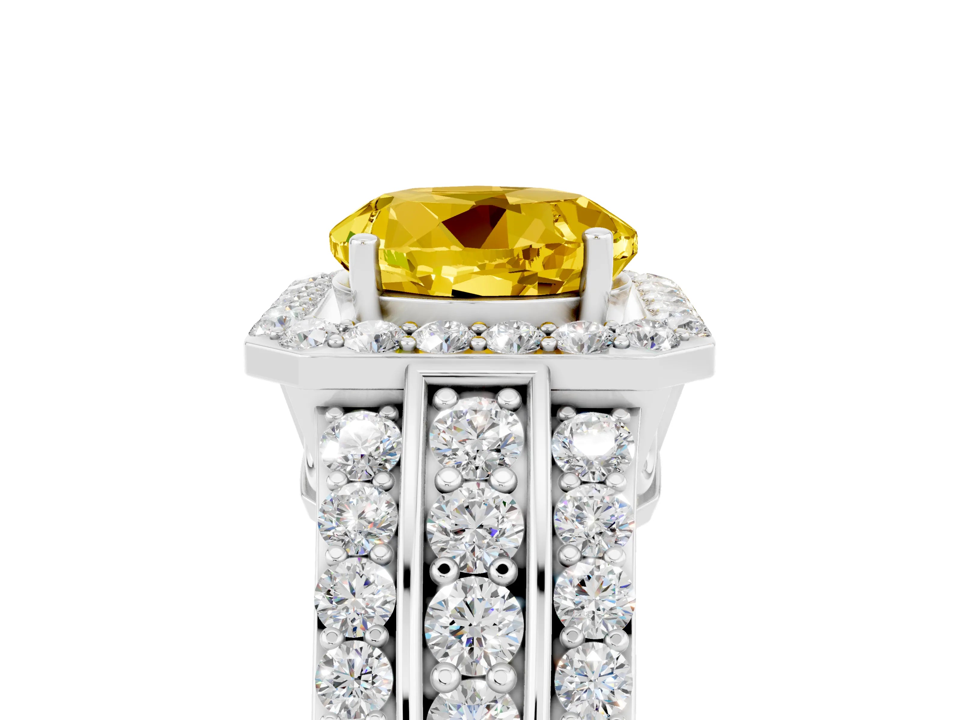 White gold Round Cut Halo Yellow Sapphire Ring with Split Shank and Four-Prong Setting_29