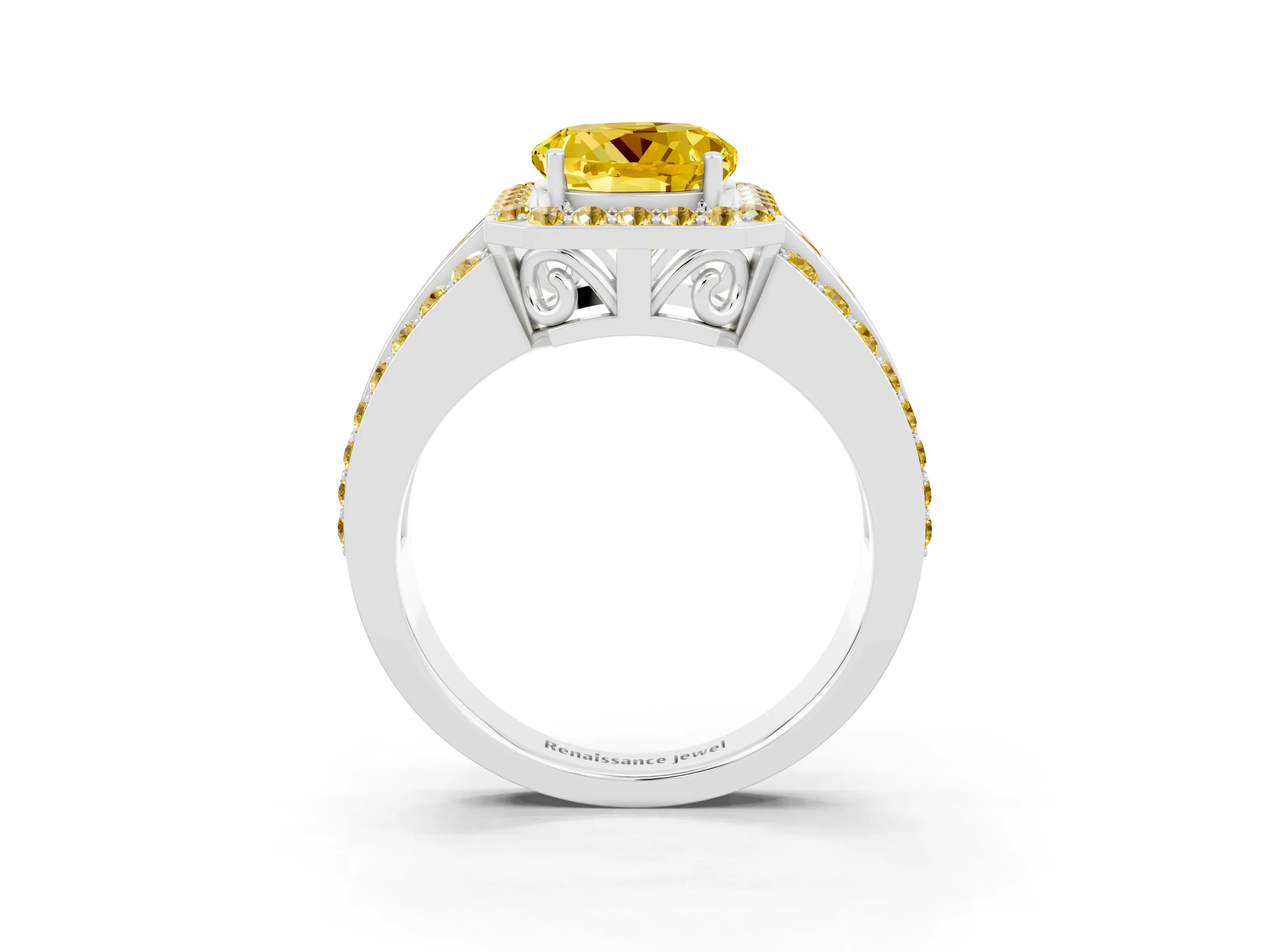 White gold Round Cut Halo Yellow Sapphire Ring with Split Shank and Four-Prong Setting_3