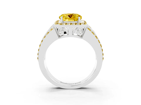 White gold Round Cut Halo Yellow Sapphire Ring with Split Shank and Four-Prong Setting_3